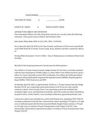 Preview of Traffic Stop – Arrest Affidavit